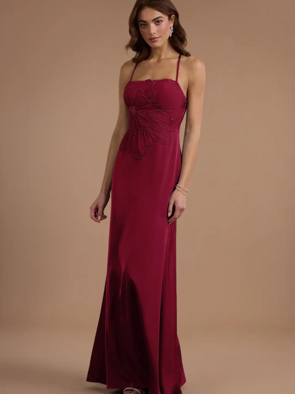Azazie Burgundy Beaded Spaghetti-Strap Maxi Dress